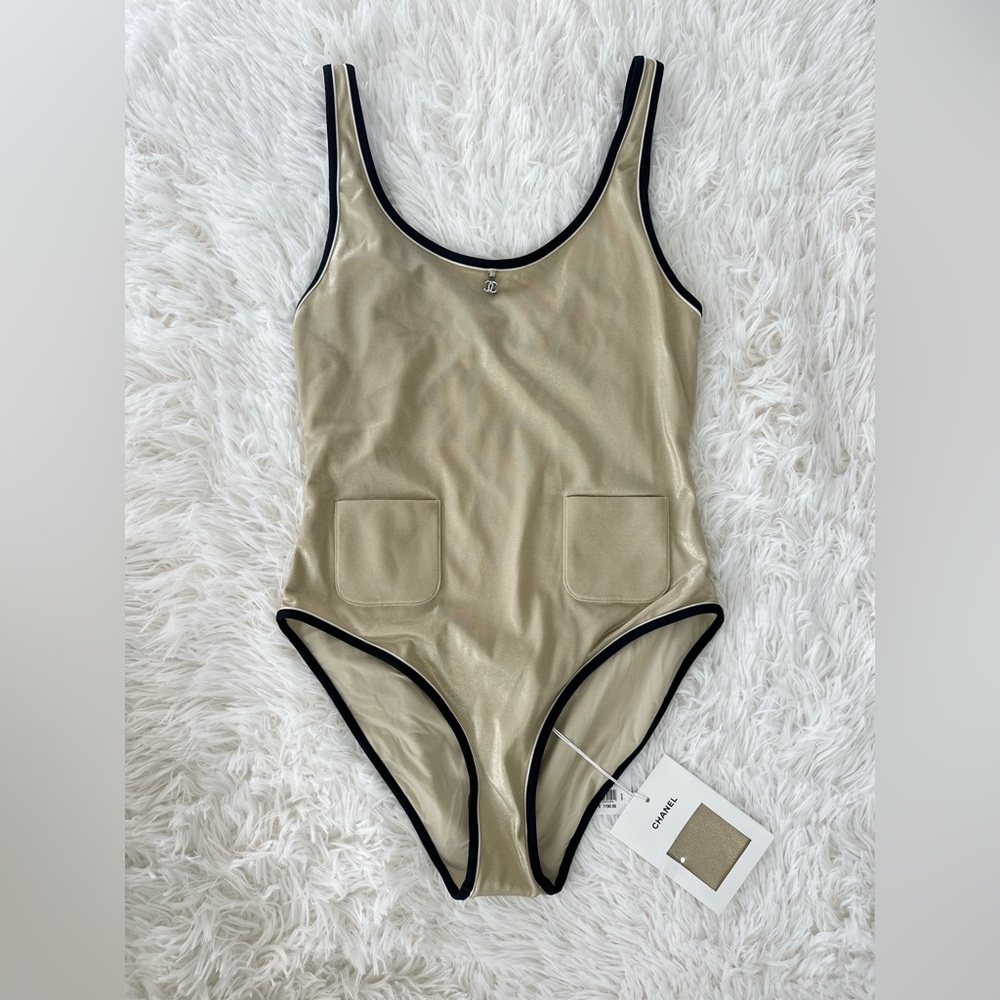 CHANEL Gold Metallic Swimsuit with Black Trim